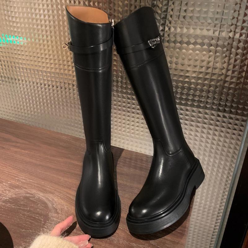 [] Like quality~ round head color matching lock thick heel medium and high boots knight boots women's boots