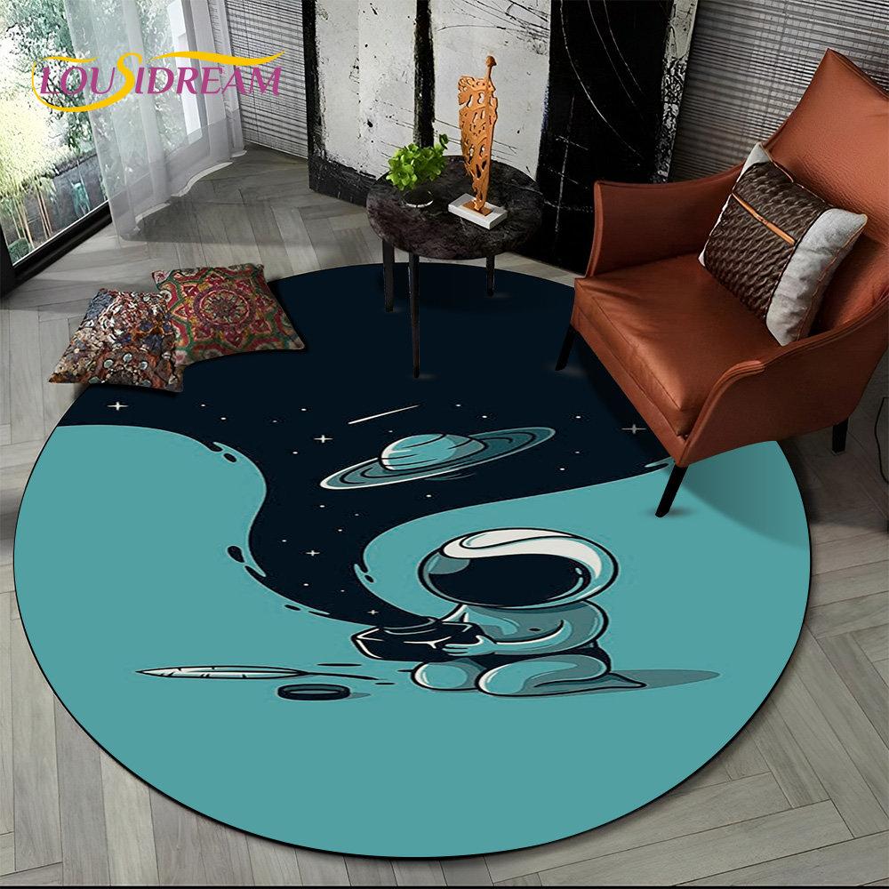 3D Astronaut Space Cartoon Round Area Rug,Carpet Rug for Living Room Children's Bedroom Sofa Playroom Decor,Non-slip Floor Mat