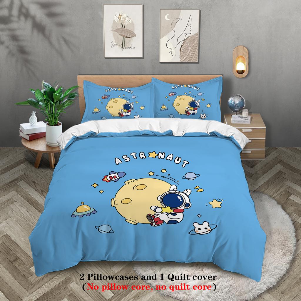 3-piece down duvet cover with blue cartoon astronaut pattern print (1 duvet cover+2 pillowcases, no core) bedding set