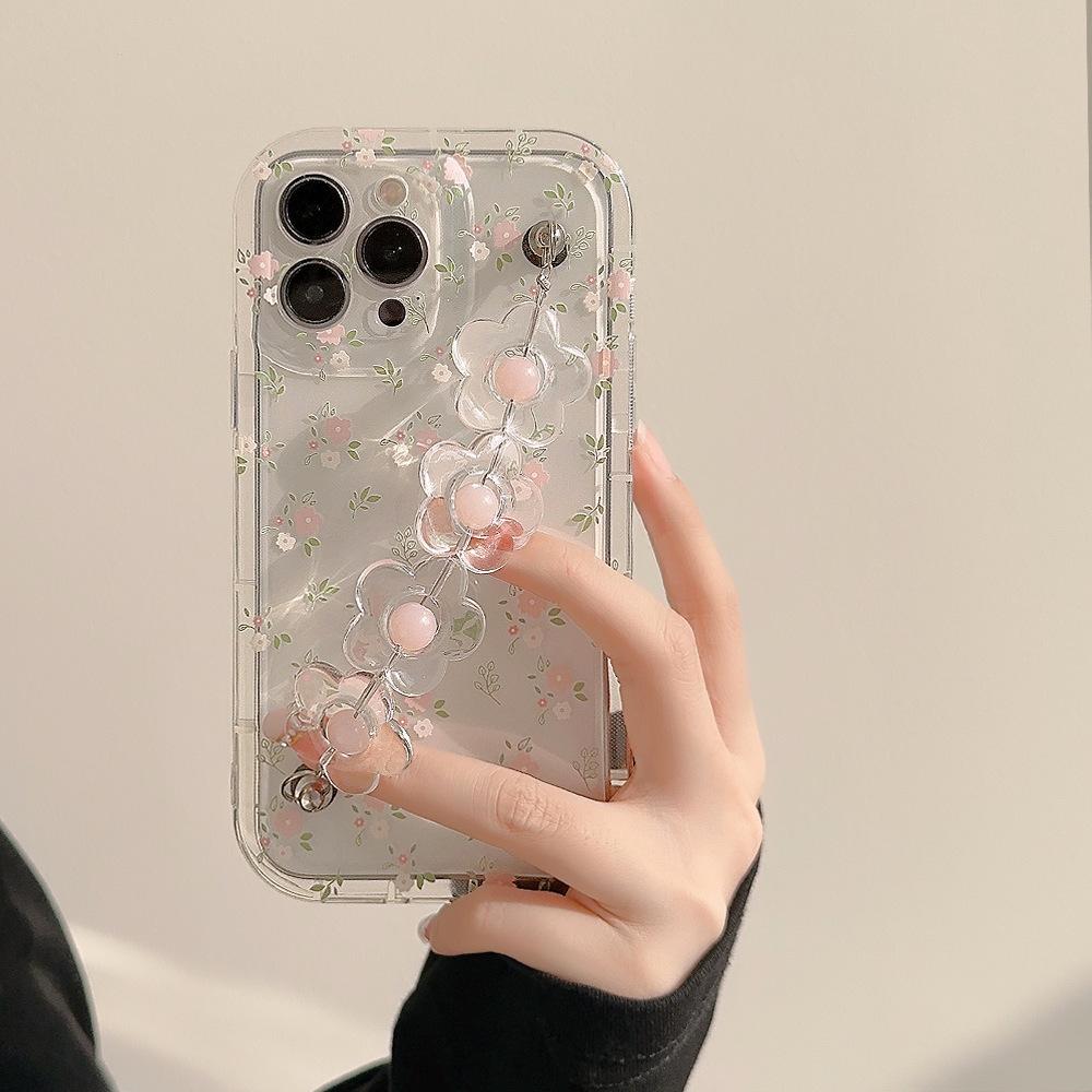 

Новая 3D милая цветочная цепочка на запястье для телефона, мягкий чехол для телефона для iPhone 16 15 14 13 Pro Max Plus, розовый цветок, защитный чехол с прозрачной линзой iPhone 12 розовый