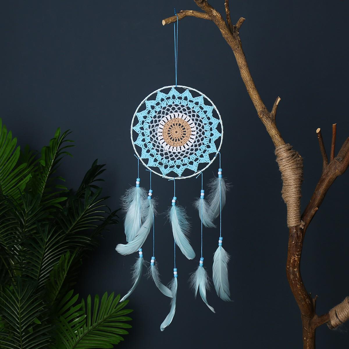 Sun Moon Stars Feather Dream Catcher Ornament with Crystals – Handmade Woven Decoration