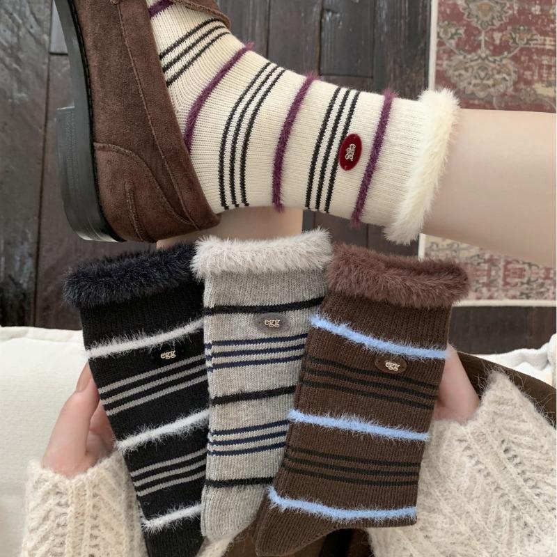 Mink Fur Striped Socks for Women in Autumn and Winter, Button Cotton Mid-calf Socks, Retro Flocking Pile Socks for Warmth