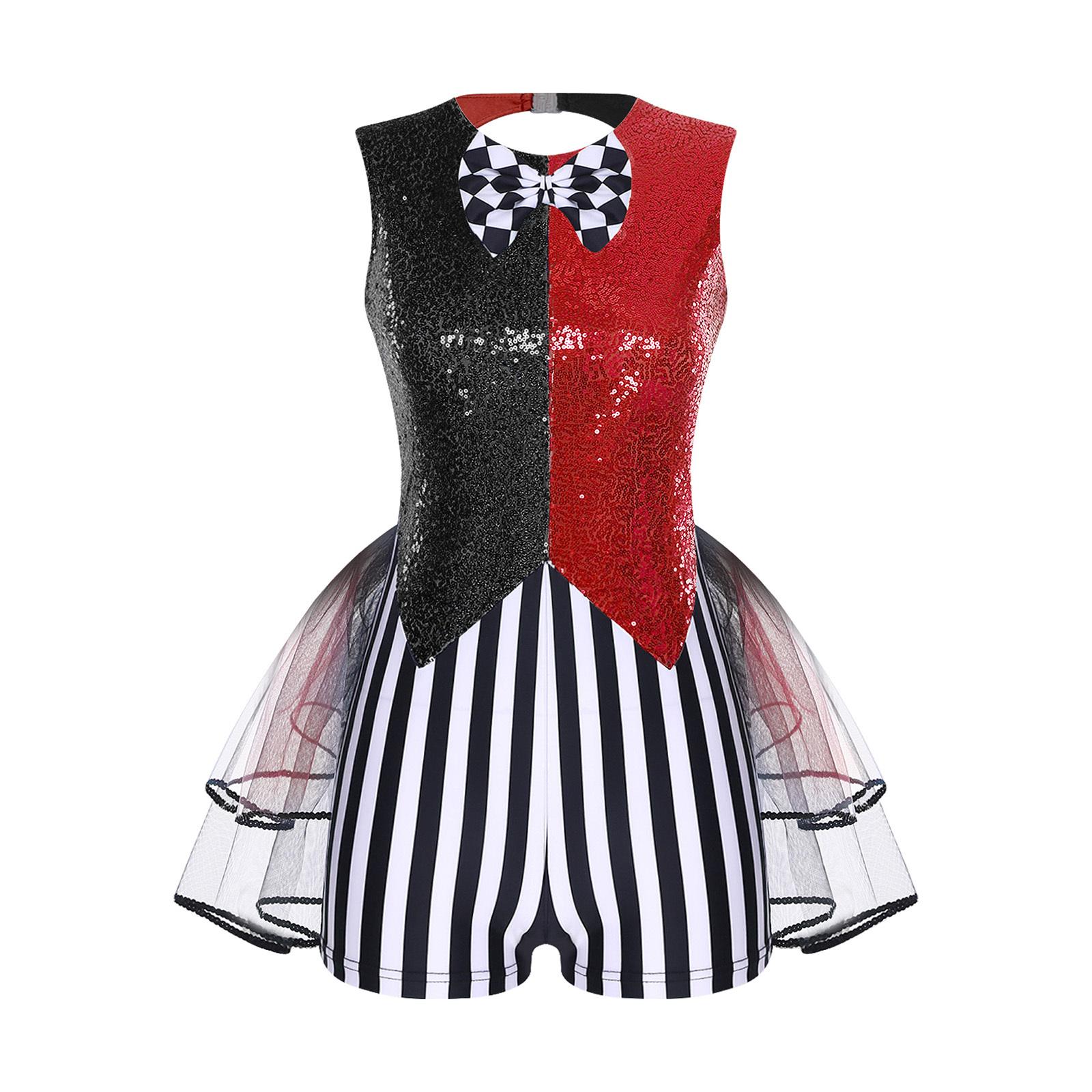 

Women Color Block Sequin Striped Rompers Cutout Mad Clown Costume Bowtie Tiered Tulle Hem Jumpsuit S червоний