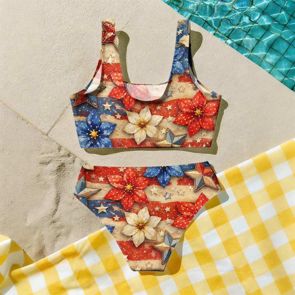 Conjunto de Bikini de Dos Piezas para Niñas, Top Tankini y Braguita, Ropa de Baño de Verano para Niños, Traje de Baño con Estampado del Día de la Independencia