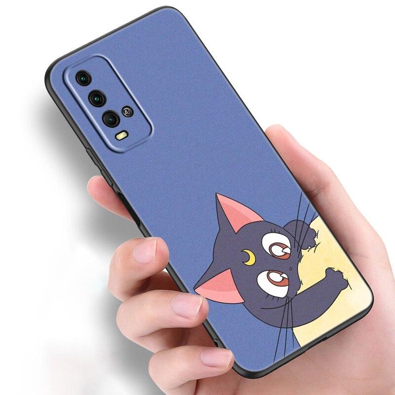 Japan Anime Moon Cartoon Cat Silicone Phone Case For Xiaomi Redmi Note 11 10 9 8 Pro 11T 10T 10S 9S 8T 9 9A 9C 9T Black Cover