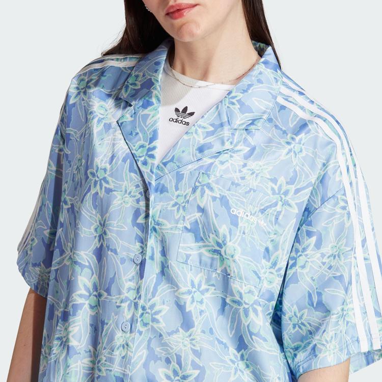 Adidas Originals Trefoil Resort Shirt Floral Print Loose Fit Sports Casual Short Sleeve Shirt Women shirts Light-Blue IT8165