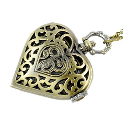 Vintage Heart-Shaped Quartz Pocket Watch Necklace with Flip Cover