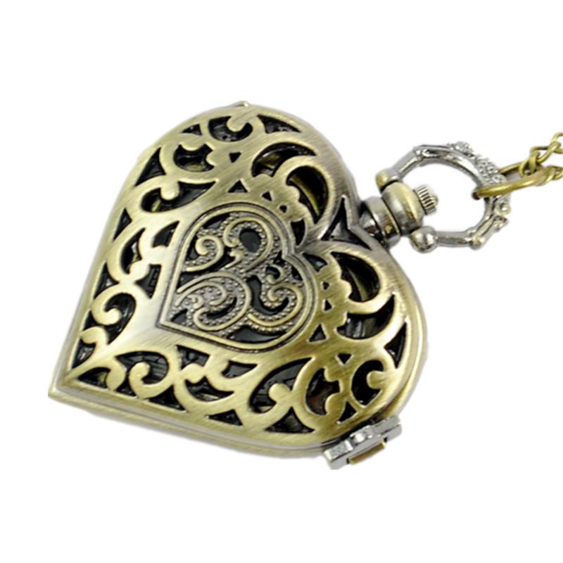 Vintage Heart-Shaped Quartz Pocket Watch Necklace with Flip Cover