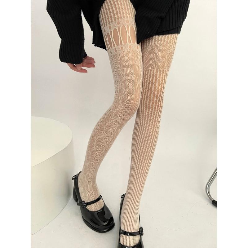 Women Aesthetic Sexy Hollowed Fishnet Lace Pantyhose Asymmetrical Spliced Striped Patterned See Through Tights Stockings