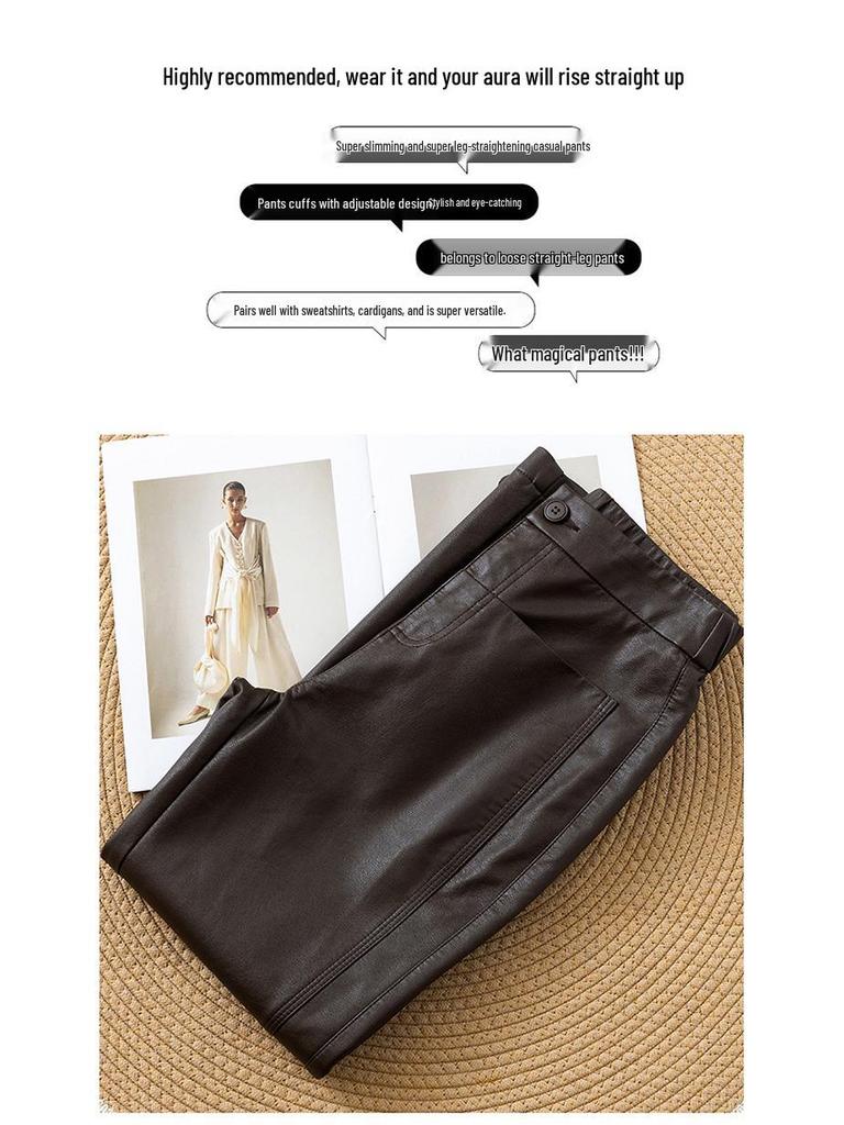 Damskie spodnie z owczej skóry z wysokim stanem i szerokimi nogawkami na Jesień/Zimę 2025 - Wszechstronna moda, Duży rozmiar, Długie proste spodnie