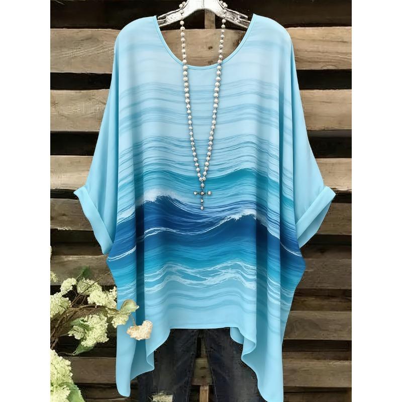 Summer Top Women Arrival Elegant Vacation Style Plus Size Simple Casual Meteor Pattern Print Irregular Hem Round Neck T-Shir