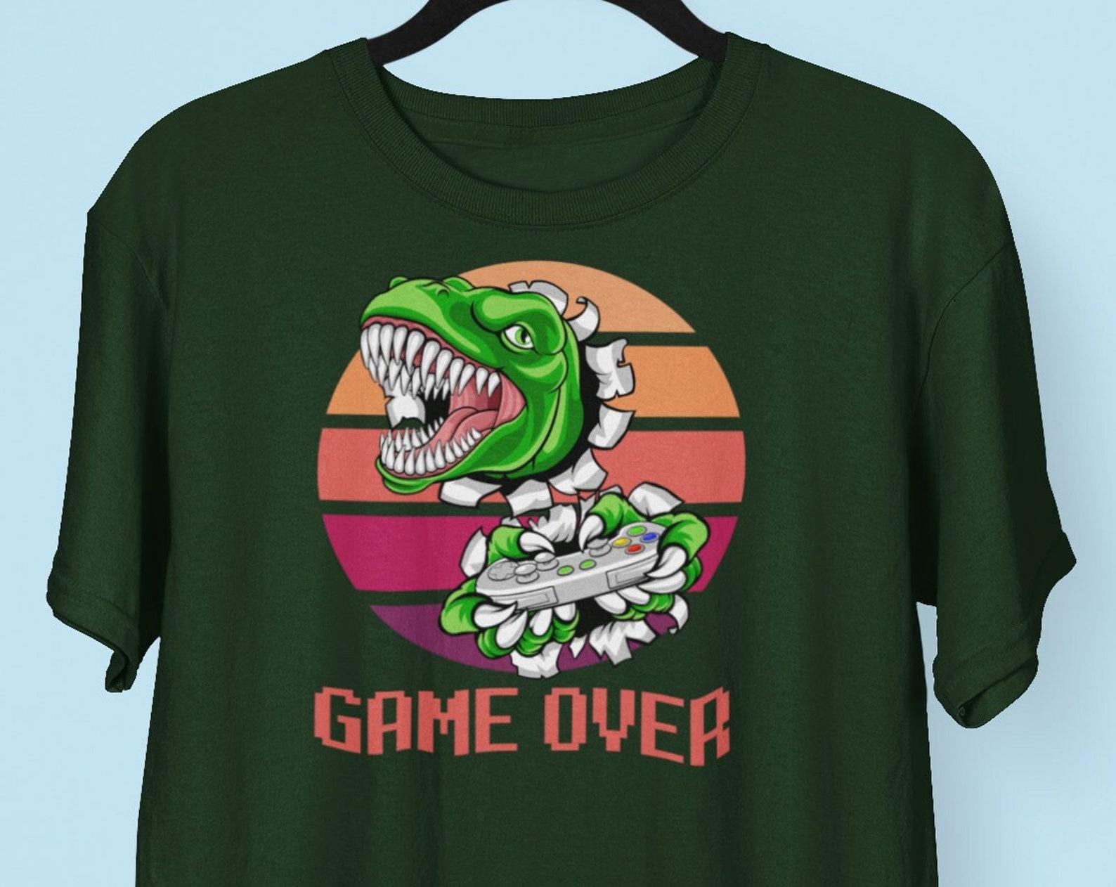 T-Rex Gamer Game Over T shirt, Tyrannosaurus Rex Dinosaur Graphic Video Game Gamer Shirt S