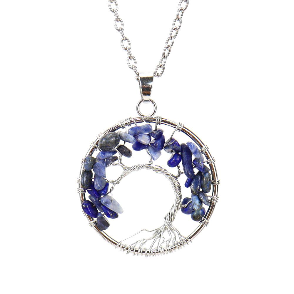 Silver Hand-Wound Colorful Crystal Gravel Curved Tree Of Life Pendant Necklace N111