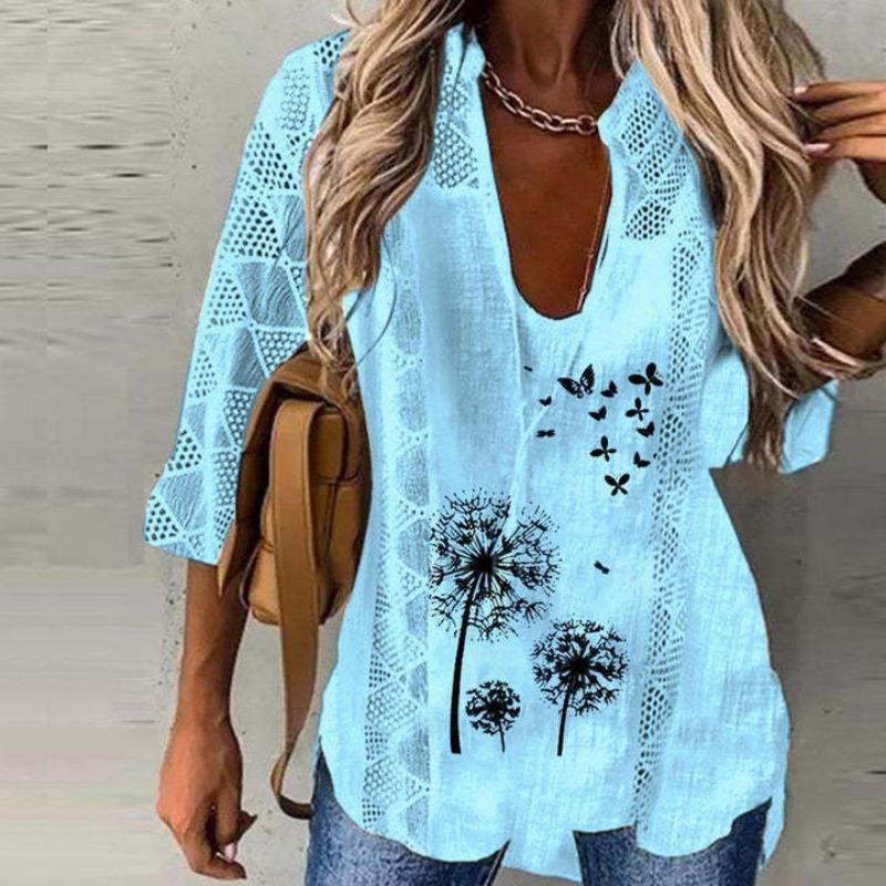 Sommer Lose Gedruckt Patchwork Plus Größe Shirt Frauen U-ausschnitt Halbe Hülse Aushöhlen Spitze Bluse Frauen Elegante Mode Vintage Dame shirts Tops 24550