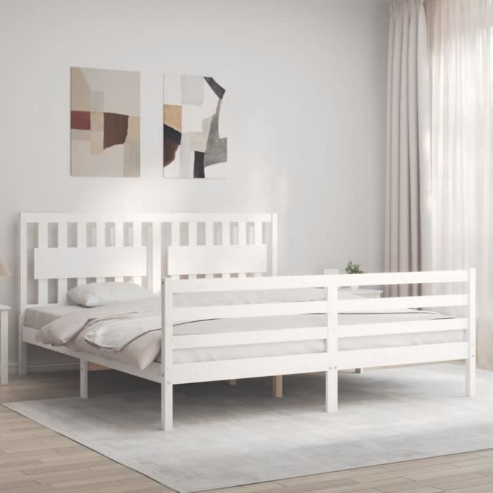 VidaXL Cadre de lit avec tête de lit blanc Super King bois massif 3194327