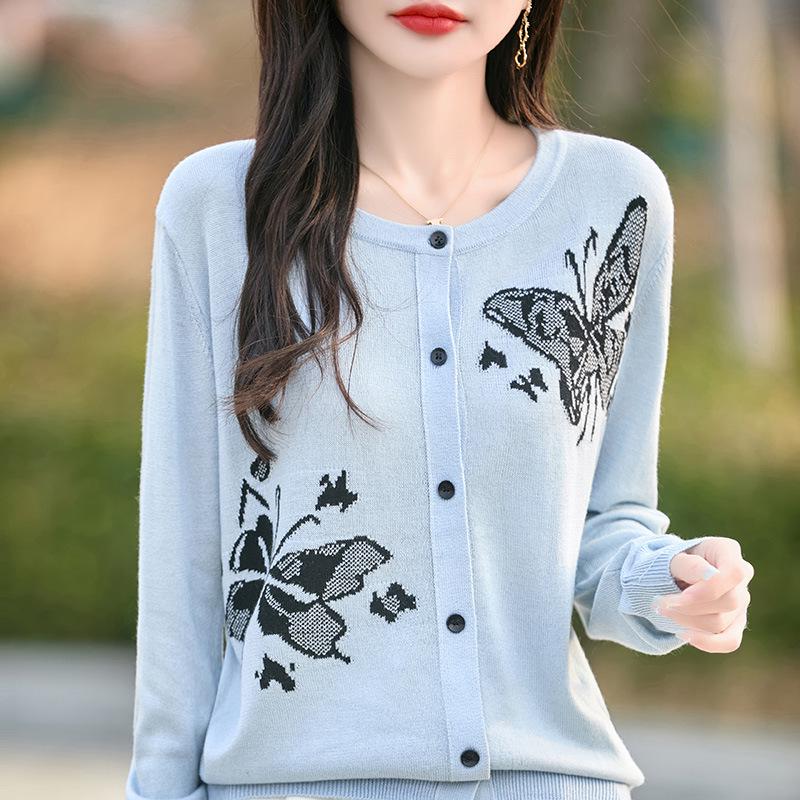 2025 Spring/Summer Women's Butterfly Intarsia Knitted Wool Cardigan – Loose Fit, Round Neck, Long Sleeve