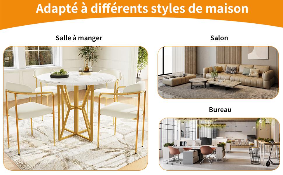 Round Dining Table (80 x 80 x 76 cm), Light Table for 4-6 People, Suitable for Dining Room and Living Room, Gold Legs, Marbled MDF Tabletop