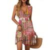 Women's Summer Dress V Neck Sleeveless Casual Textured Print Hem Pleated Dress