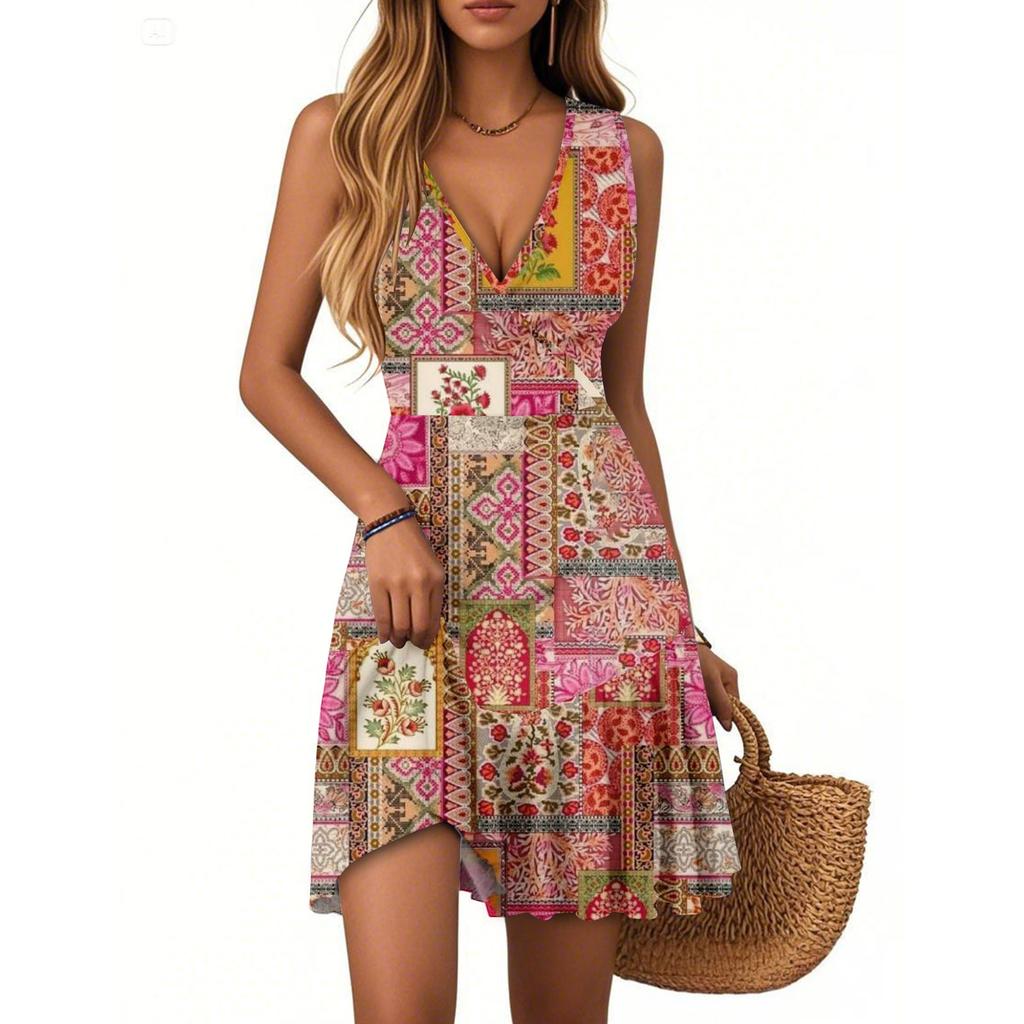 Women's Summer Dress V Neck Sleeveless Casual Textured Print Hem Pleated Dress