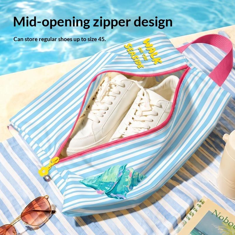 Breathable Water Resistant Shoe Storage Bag With Zipper Cute Striped Print Perfect For Travel Beach Trips Daily Use