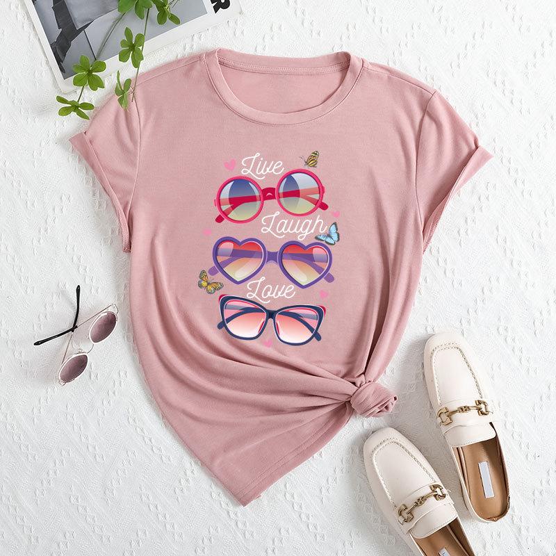 Sommer Damenbrillen Bedruckte Lockere Rundhals Freizeit Reine Baumwolle Kurzarm T-Shirts Damen