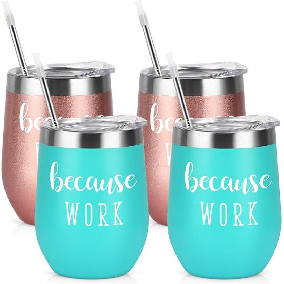 Qtencas Coworker Gifts, 4 Pack because WORK Stainless Steel Wine Tumbler, Christmas Gifts for Coworkers Office Staff Employees, Funny Office Gifts