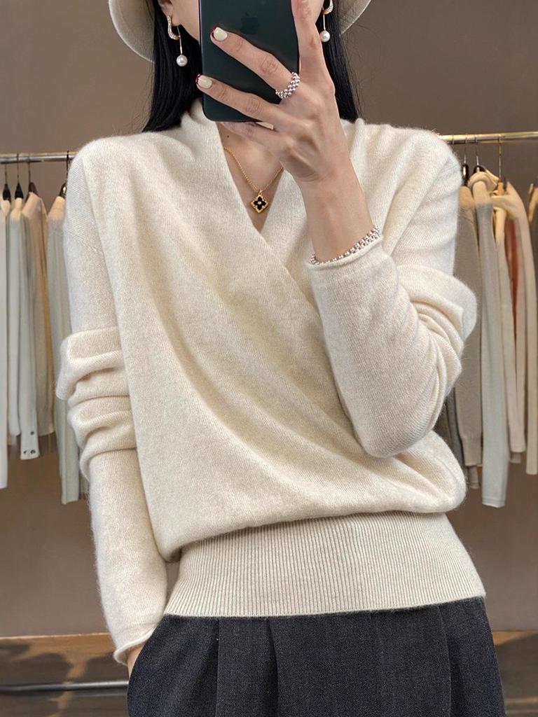 Women's 100% Pure Wool V-Neck Loose Pullover Sweater - Long Sleeve Knit Top for Autumn/Winter