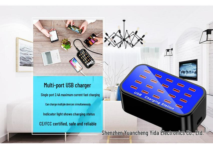 100W 20-Port USB Charger, High-Power 5V/2A Multi-Port Charging Station