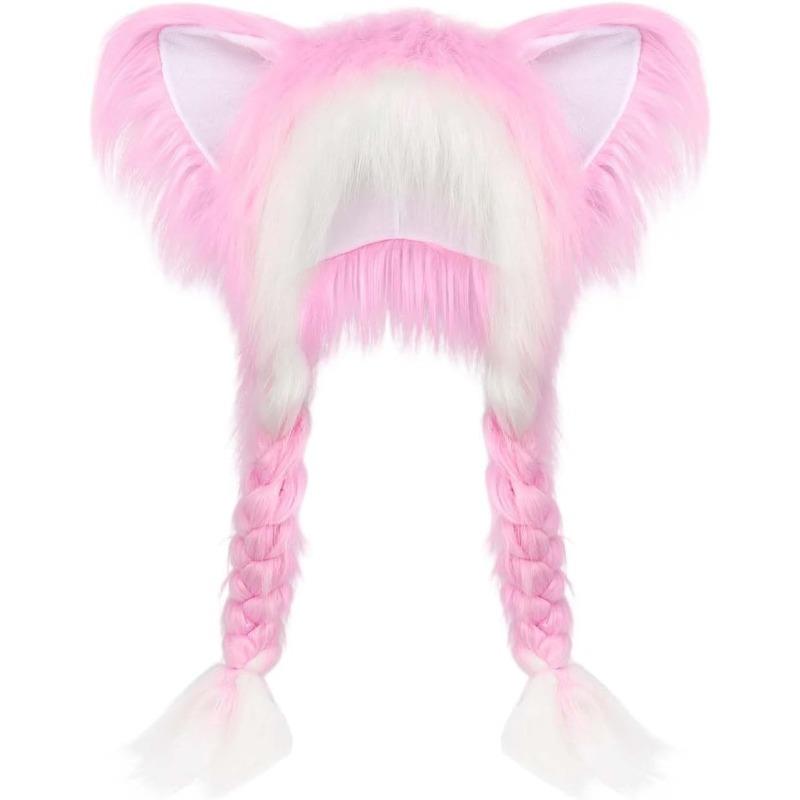 Sevimli Peluş Kedi Şapka, Örgülü Yumuşak Tüylü Hayvan Kulaklı Şapka Kışlık Sıcak Kulaklıklar Baş Maskesi Cosplay Aksesuarı