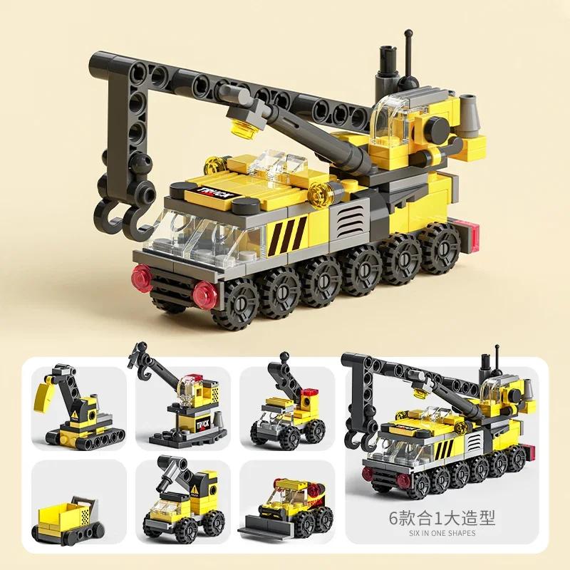 City Fire Car Building Blocks for Children, Police Truck, Engineering Crane, Tank, Helicopter Bricks Set Toys for Kids, 6in 1