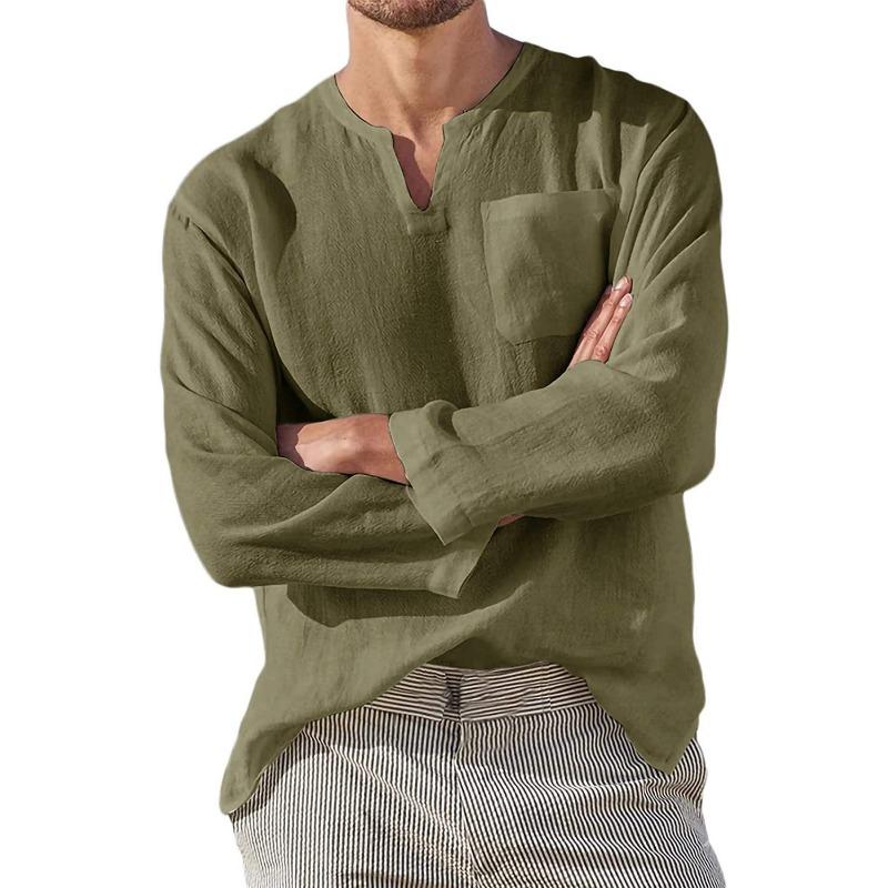 Amazon wish independent station Spring men's long-sleeved V-neck casual beach linen loose shirt men