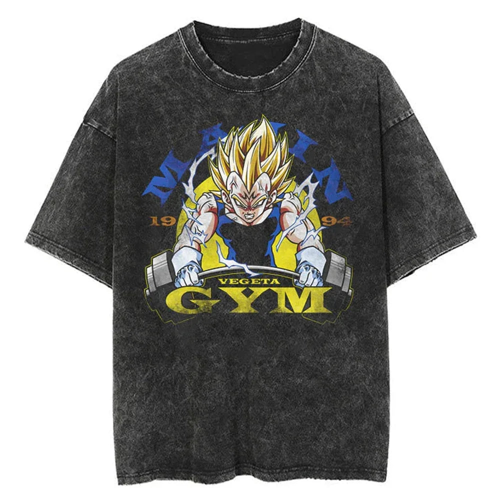Anime Dragon Ball Gym T Shirt Men Vintage Wash Cotton Graphic Print Women Casual Short Sleeve Tee 2025 Summer Tops Streetwear