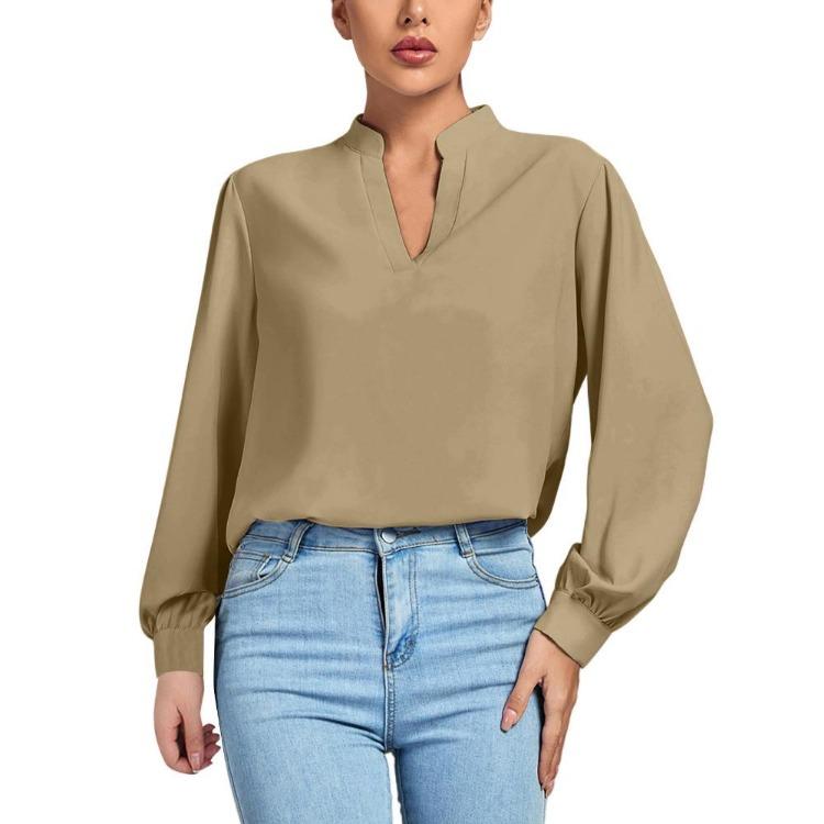 Women Work Shirt Elegant High Neck Long Sleeve Loose V-neck Top Stylish Soft Breathable Lightweight Pullover Shirt