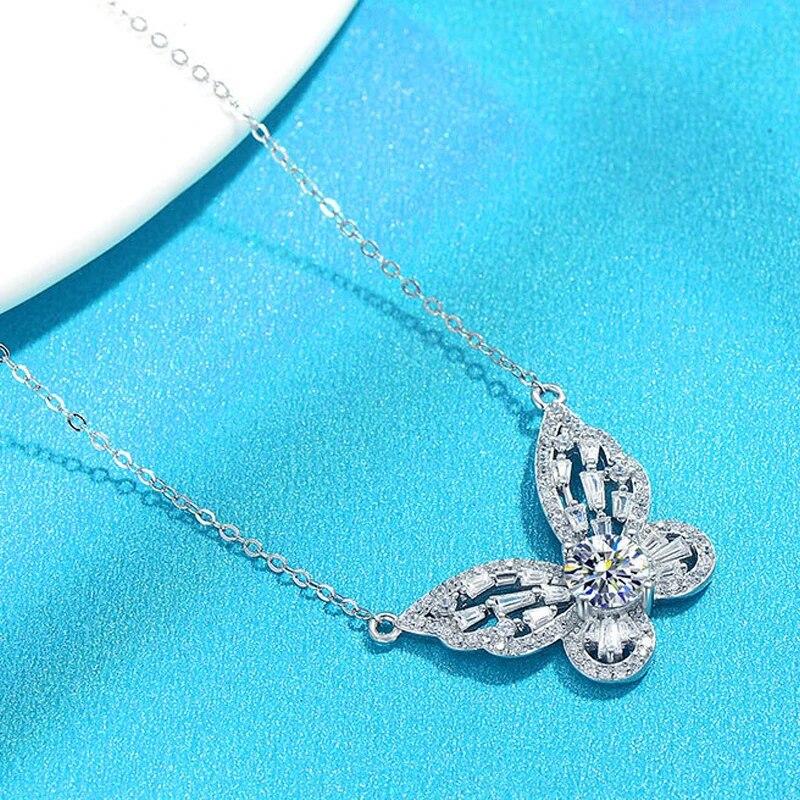 1CT D Color VVS1 Moissanite Necklace for Women Cute Butterfly 925 Sterling Silver Pendant Pt950 Plated Brithday Gift Jewelry