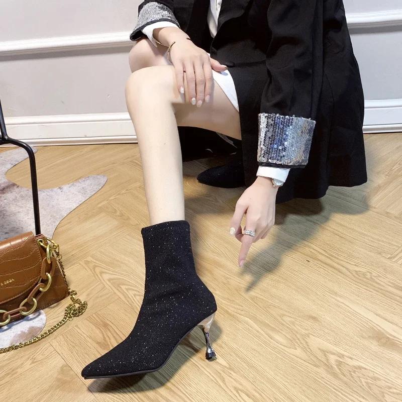 Fashion 2024 Winter New Luxury Buling Sequins Brand Designer Womens Shoes Outdoor Walking Mountaineering Women's Stiletto Non-slip Boots