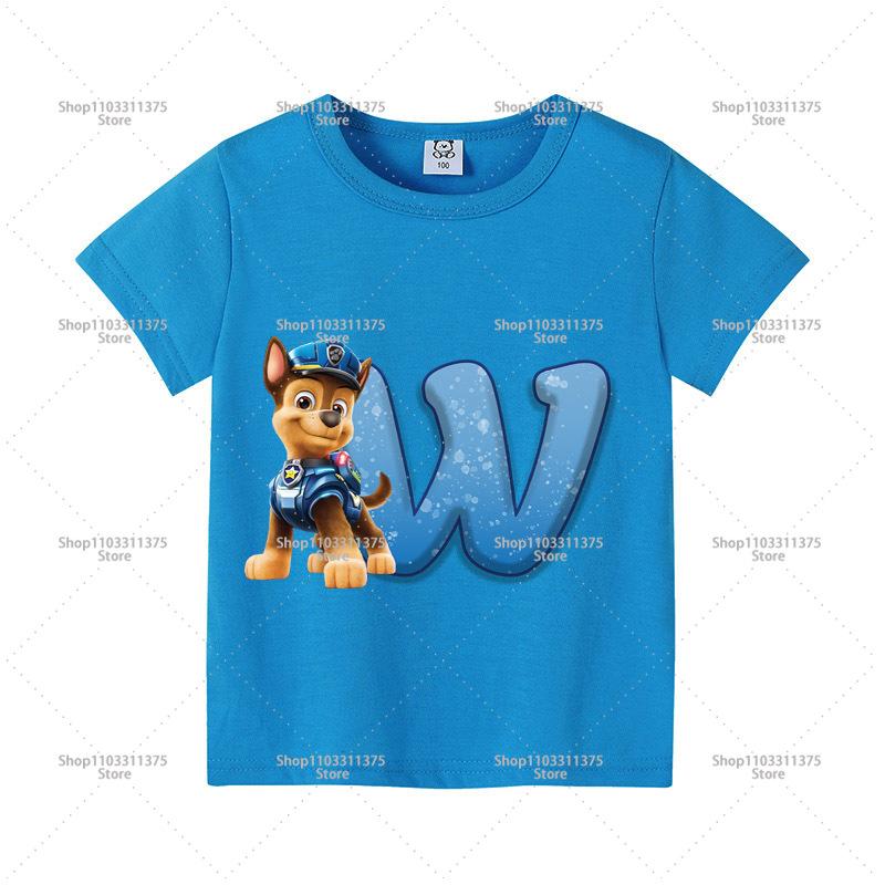 Cute PAW Patrol Blue T-shirt Boys Clothes Letter A-Z Printed Short Sleeve Cartoon Fashion Kids Birthday Toddler Cotton Tops Gift
