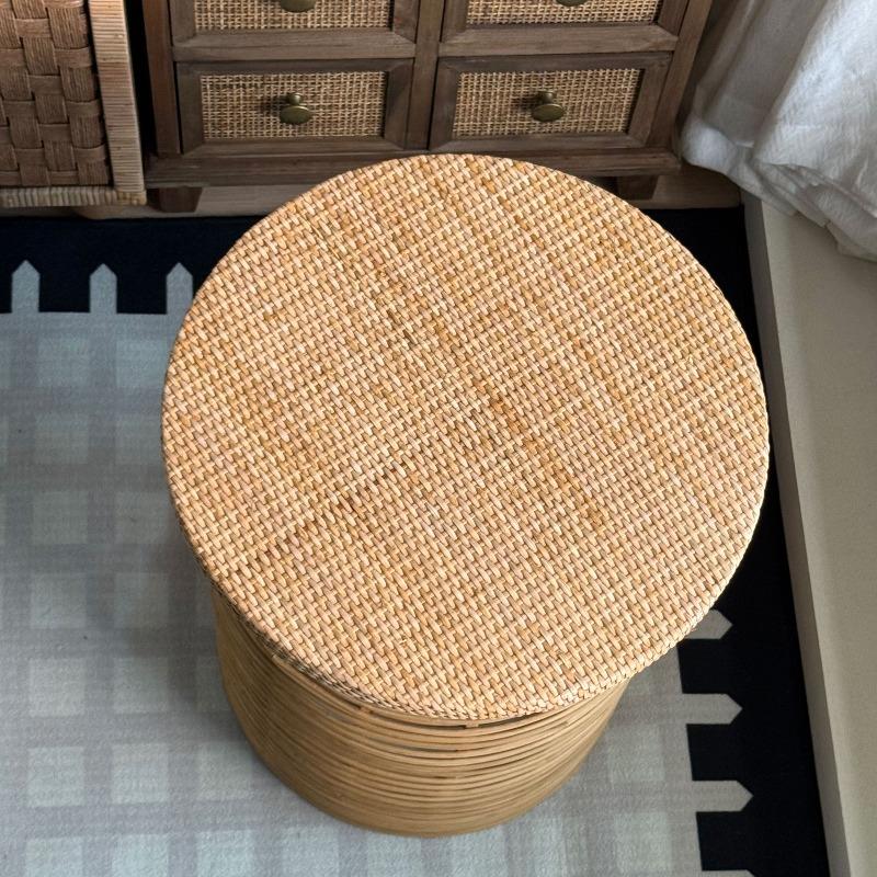 Handwoven Rattan Bamboo Storage Side Table, French Countryside Nightstand, Accent End Table - Boho Rustic Farmhouse Decor