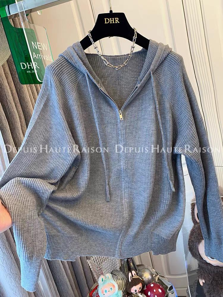 Plain Color Zipper Hooded Knit Jacket - Women's Casual Early Autumn Style
