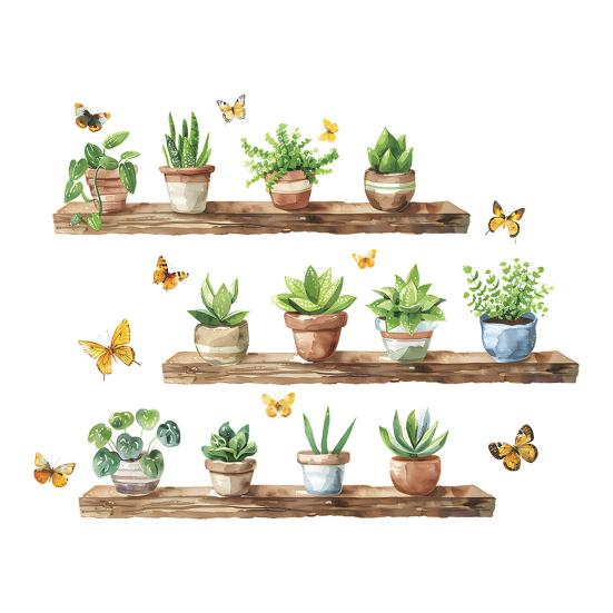Potted Cactus Shelf Wall Sticker Removable Waterproof PVC Self-adhesive Home Office Living Room Kids Bedroom Green Plant Wall Art Decoration Decal