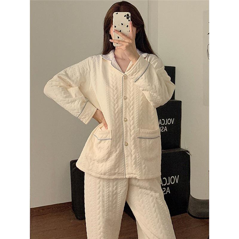 Women's Fall/Winter Thick Cotton Pajama Set - Long Sleeve & Pants