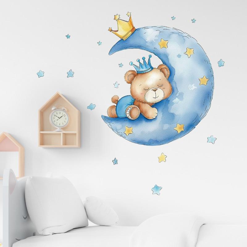 Moon Star Sleeping Bear Children's Room Sticker Living Room Bedroom Decoration Self-Adhesive Wall Sticker