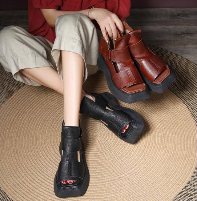 5CM Cow Genuine Leather Hook Hollow Mary Jane Sandals Summer Slippers Ankle Booties Pumps Shoes Flat Platform Wedge Women