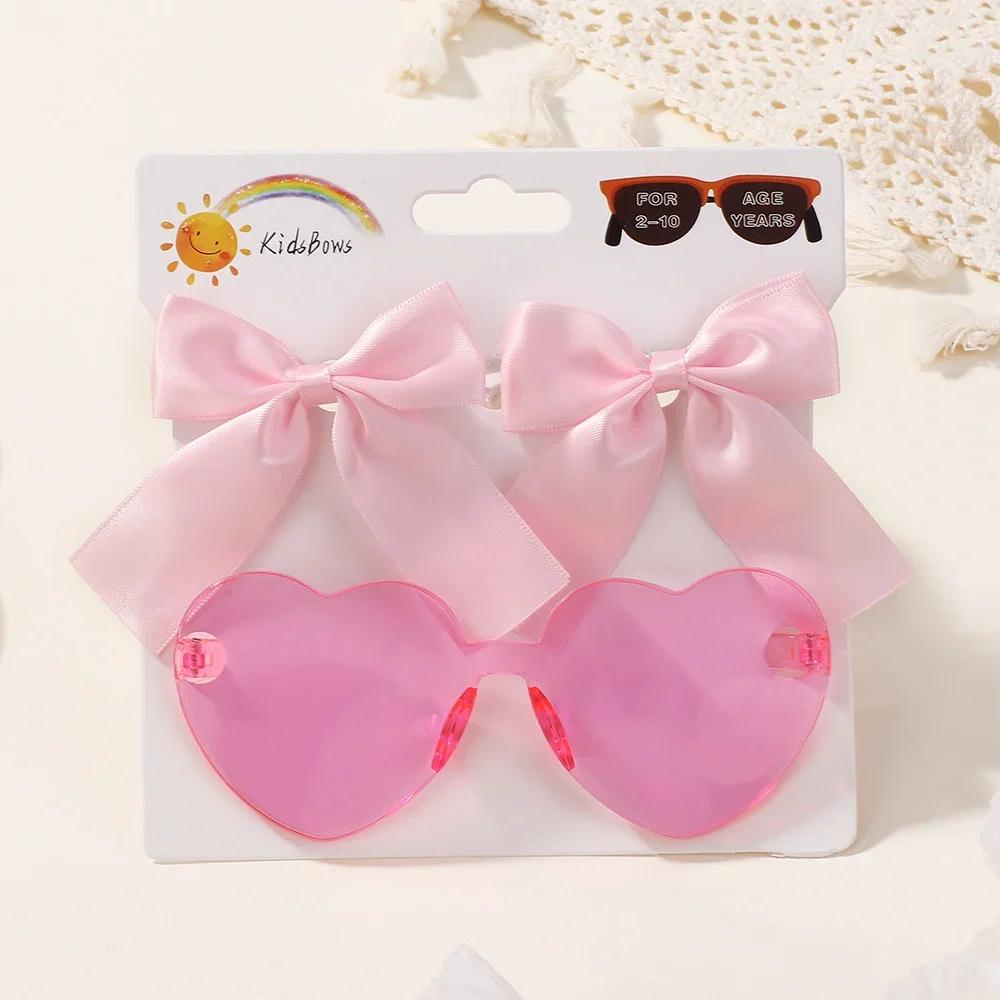 3pcs/Set Cartoon Peach Sunglasses with Ribbon Bows Hairclips for Kids Girls Summer Beach Hair Accessories Cute Hairgripes Glasse