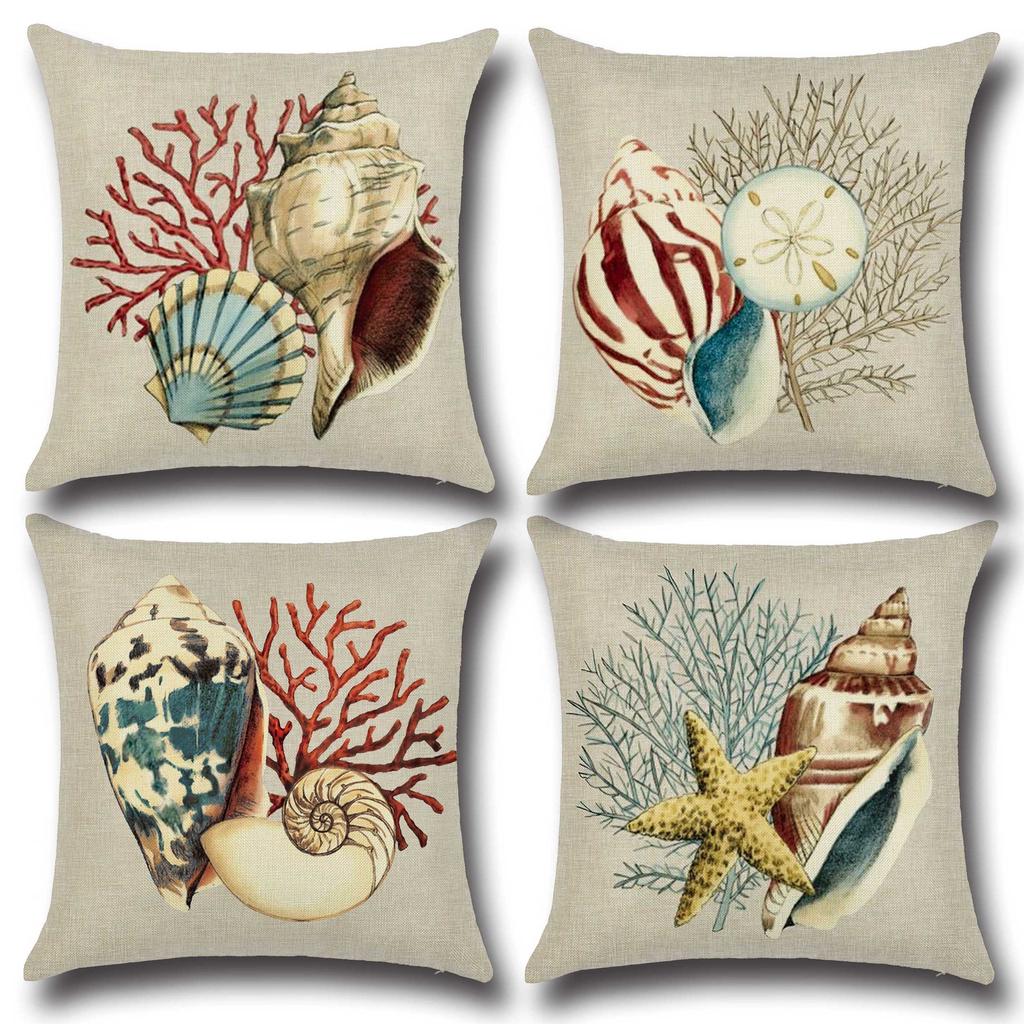 Mediterranean Style Blue Marine Sailor Conch Octopus Pillowcase Linen Sofa Cushion Cover