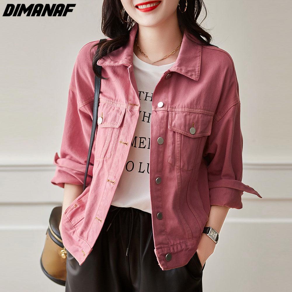 

DIMANAF 2022 Новая женская куртка больших размеров джинсовая короткая куртка на пуговицах с карманами осенний кардиган женская свободная однотонная розовая куртка One Size розовый