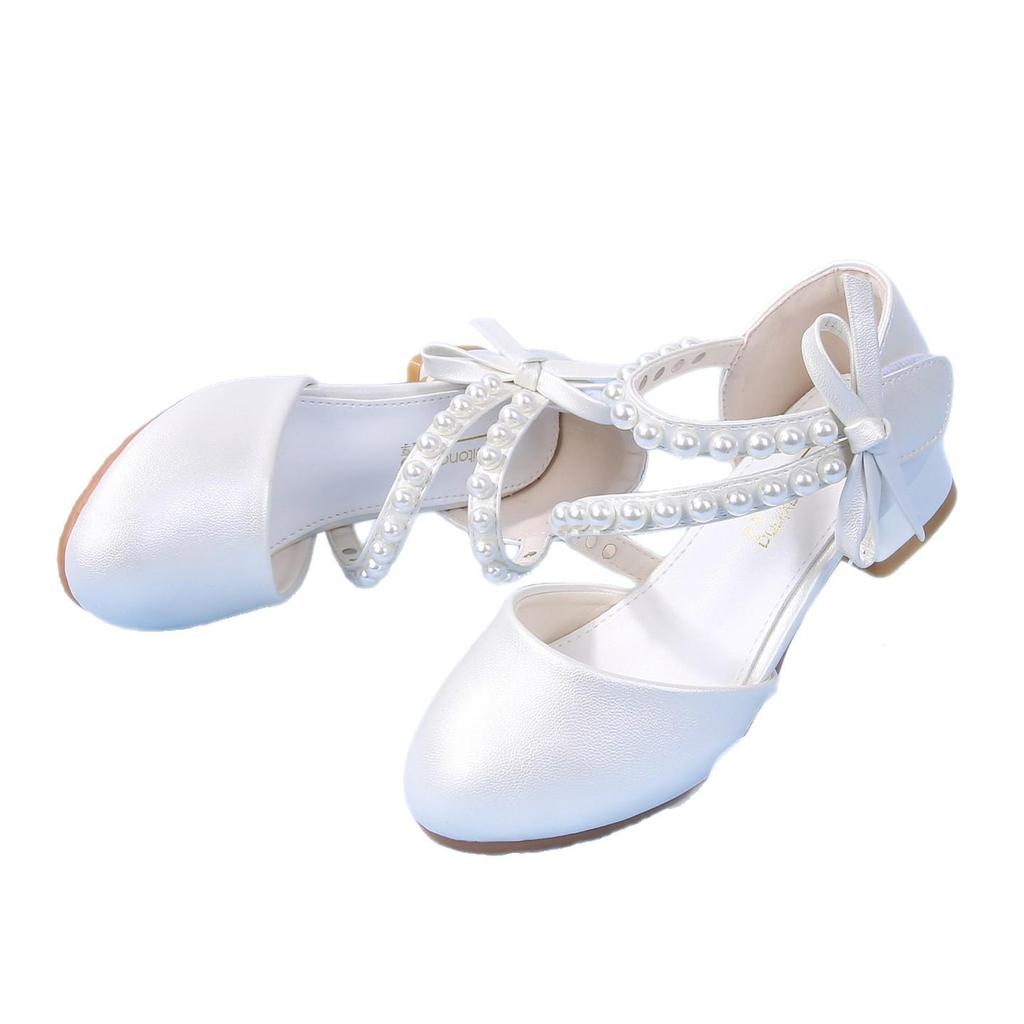 Süße Schleife Perlen Weiche Sohle Prinzessin Hoher Absatz Lederschuhe für Kinder