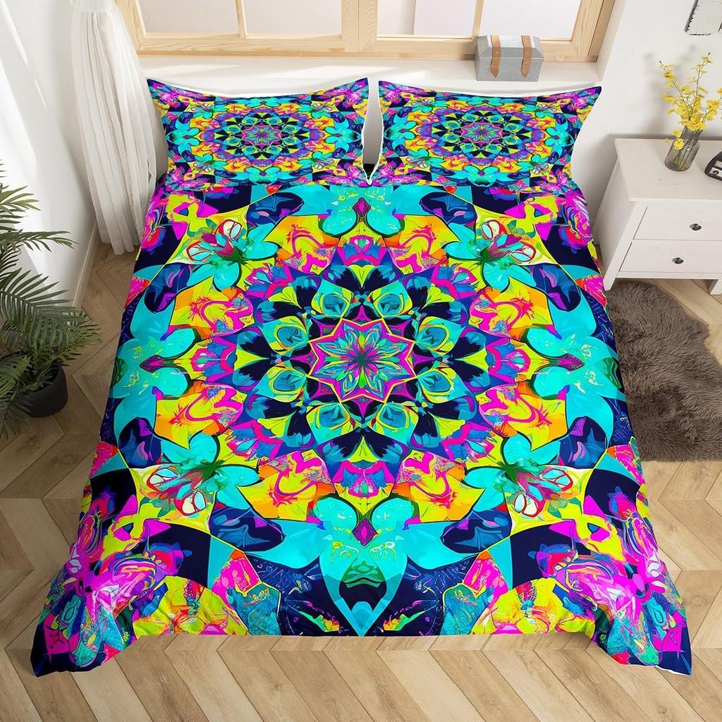 Vintage Blumen Abzeichen Bettbezug Queen King Size Mandala Bettwäsche Set Bohemian Paisley Tagesdecke Leichte Weiche 3-teiliges Set