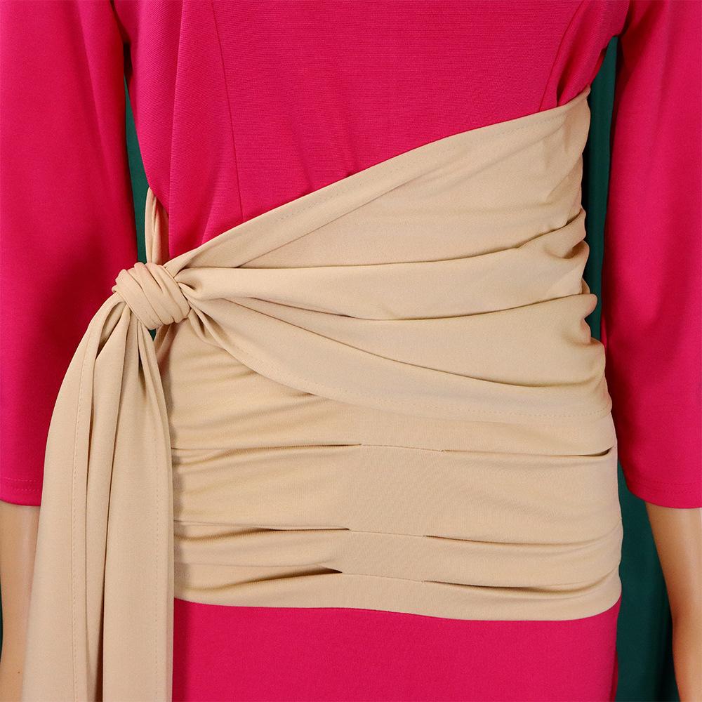 Large Size Women Fashion Patchwork Mid Sleeves Business Dress Ladies Elegant One Piece Skew Collar Sheath Dress