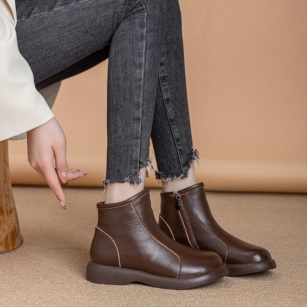 Genuine Top Layer Cowhide Mom Boots, Wool Lined Warm Martin Boots, Thick Sole Soft Leather Winter Short Boots for Women SA‑810
