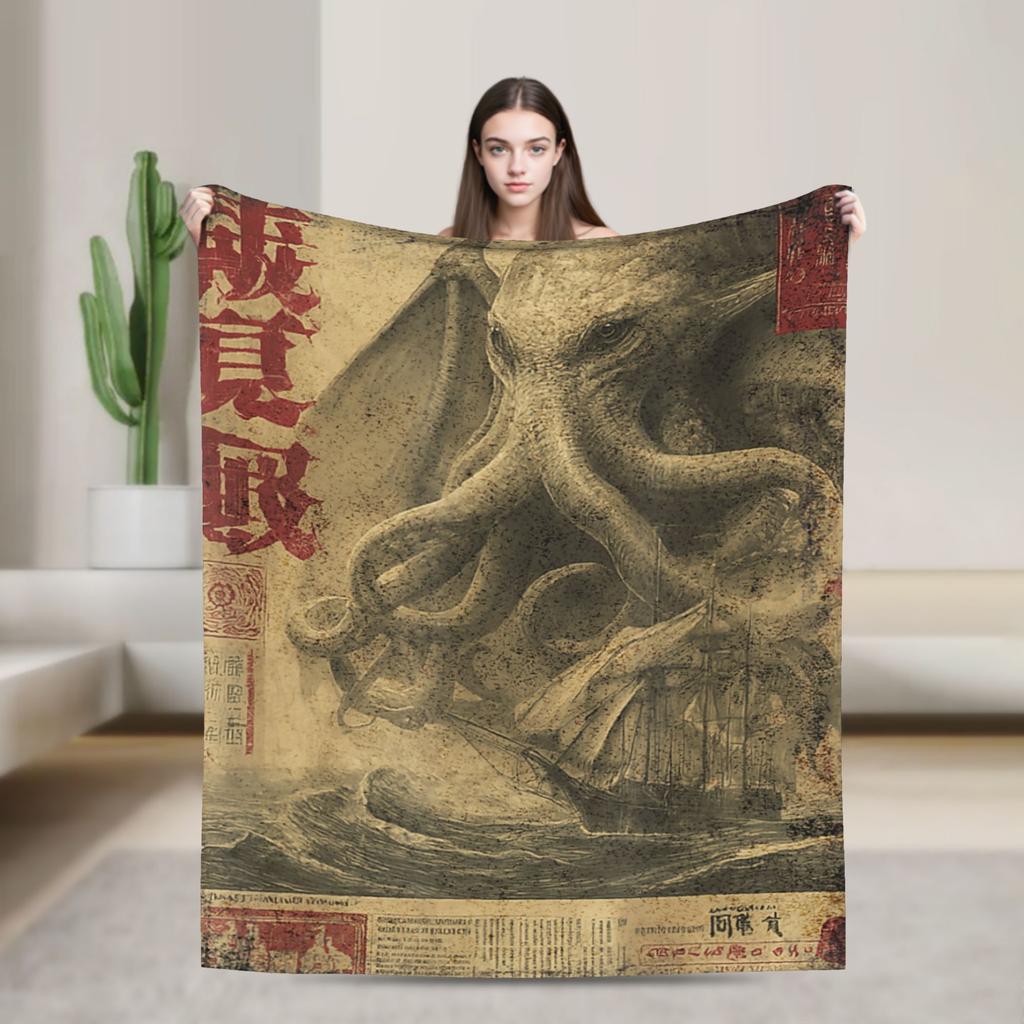 Cthulhu Kraken Eating Ramen Japanese Blankets Soft Warm Plush Throw Blanket For Girls Home Decor Flannel Bedspread Bed Cover